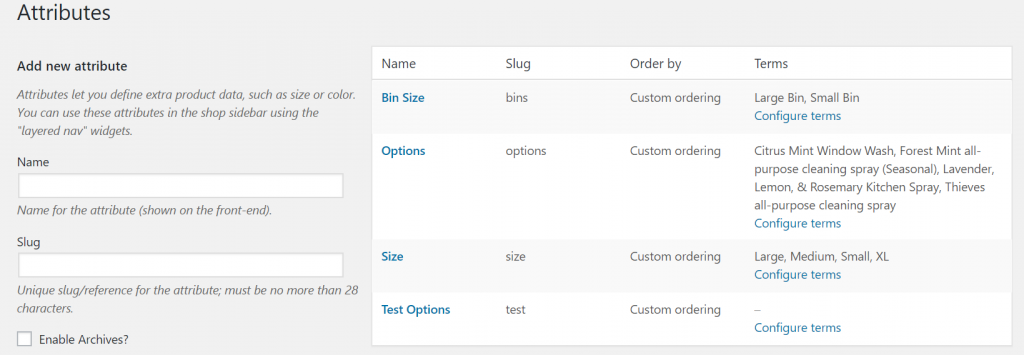 Adding attribute options in woocommerce